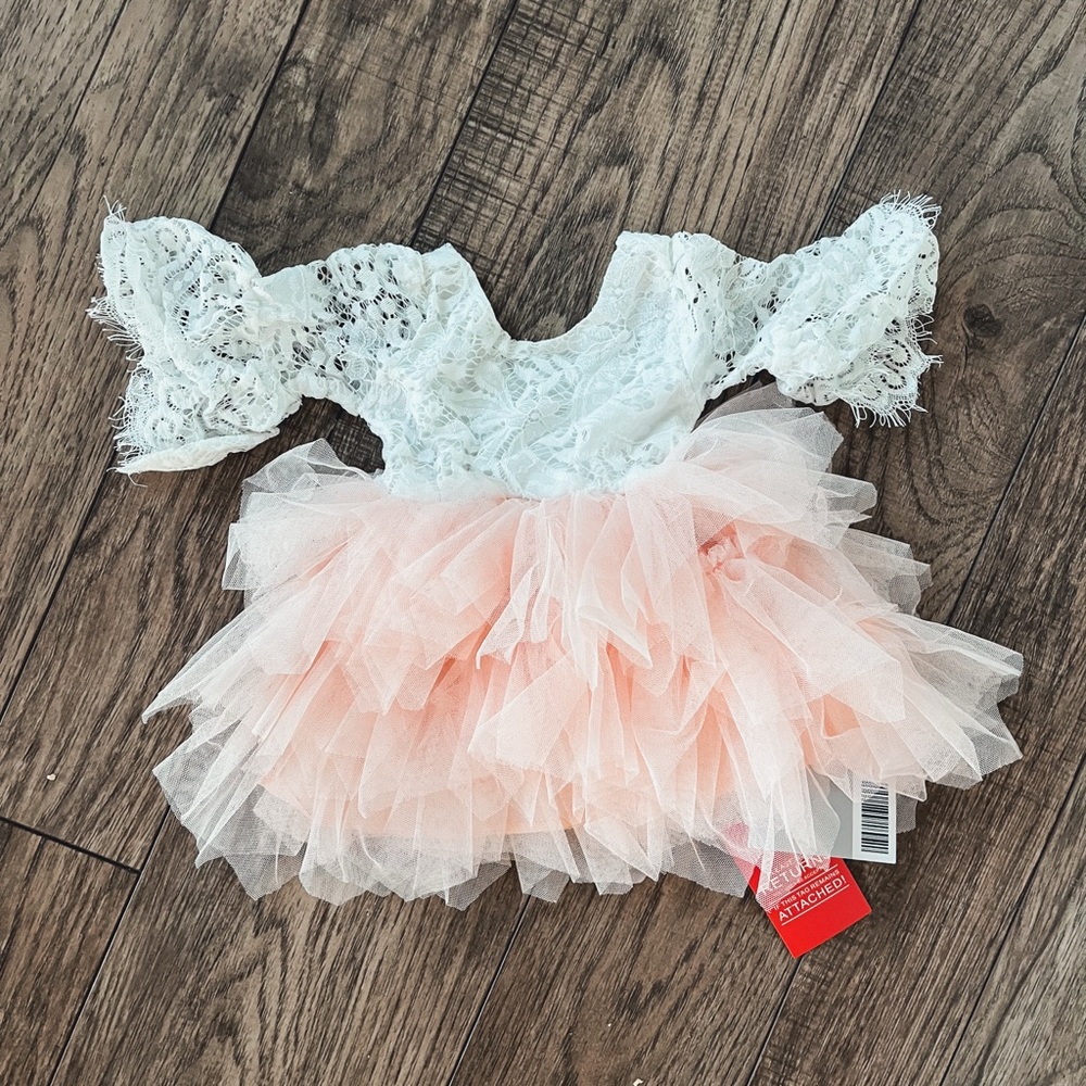 White Lace and Pink Tulle Baby Dress